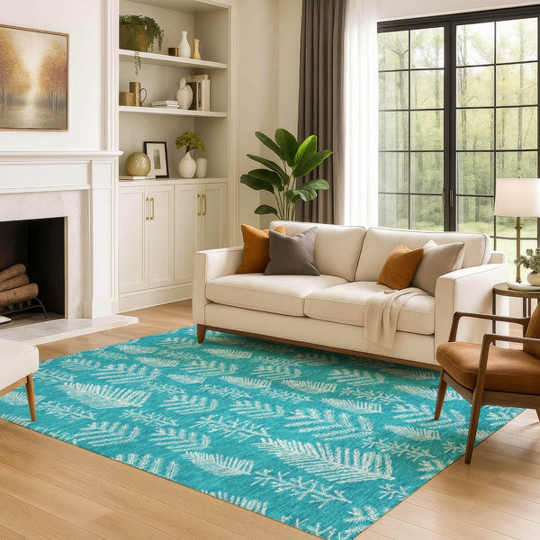HomeRoots 9' X 12' Teal Floral Area Rug - Washable, UV-Protected, Stain-Resistant for High-Traffic Spaces 701779
