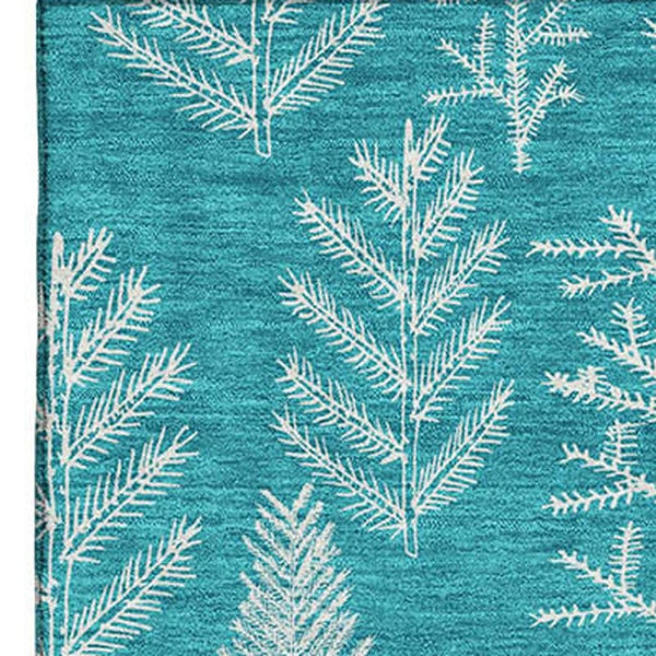 HomeRoots 9' X 12' Teal Floral Area Rug - Washable, UV-Protected, Stain-Resistant for High-Traffic Spaces 701779