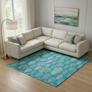 HomeRoots 10' X 14' Teal and Ivory Floral Area Rug - Washable, Durable, UV-Protected, Ideal for Busy Homes! 701780