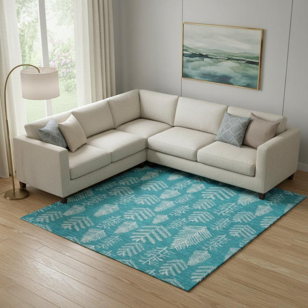 HomeRoots 10' X 14' Teal and Ivory Floral Area Rug - Washable, Durable, UV-Protected, Ideal for Busy Homes! 701780