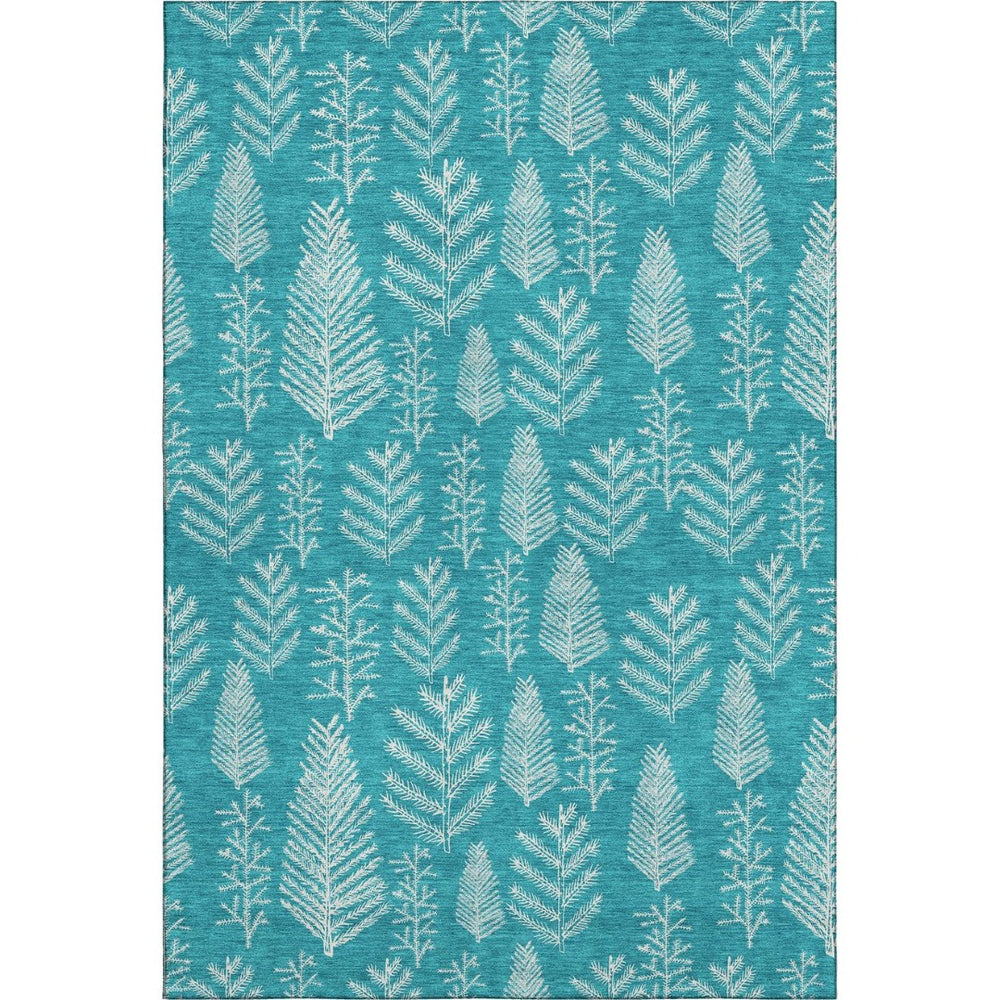 HomeRoots 10' X 14' Teal and Ivory Floral Area Rug - Washable, Durable, UV-Protected, Ideal for Busy Homes! 701780