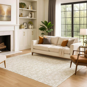 HomeRoots 5' X 8' Beige and Ivory Abstract Geometric Area Rug – Washable, Stain Resistant, UV Protected Design 701782