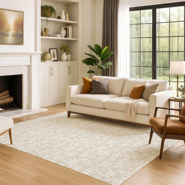 HomeRoots 5' X 8' Beige and Ivory Abstract Geometric Area Rug – Washable, Stain Resistant, UV Protected Design 701782