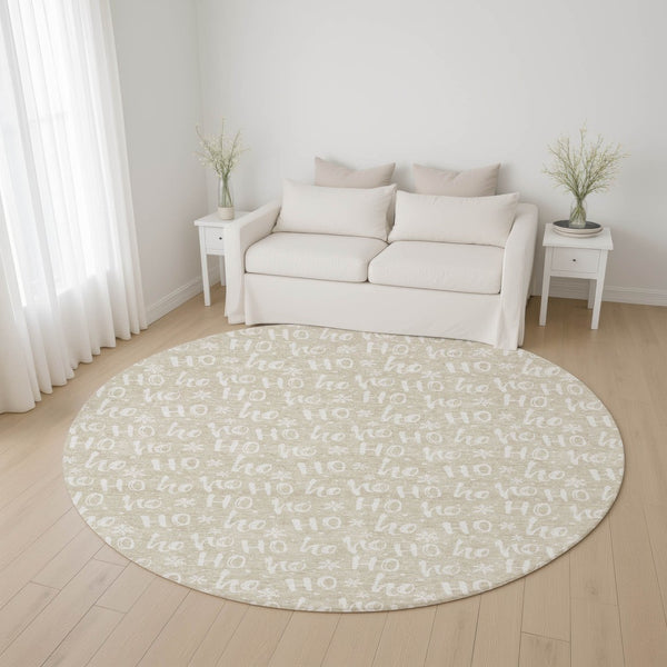 HomeRoots 8' Beige And Ivory Abstract Round Rug - Stylish, Washable, UV-Protected for Modern Living Spaces 701783