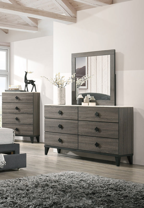 English Elm Modern Chest of Drawers with Faux Marble Top and Black Square Hardware - 4-Drawer Storage Accent Piece Gray,Grey 19 L x 34 W x 65 H B011P395427