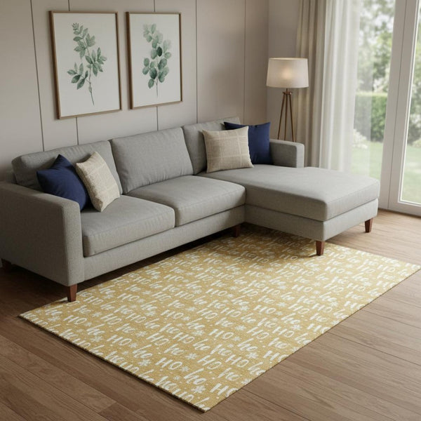 HomeRoots 10' Gold and Ivory Abstract Geometric Area Rug - Washable, UV-Resistant, Durable for Active Homes 701804