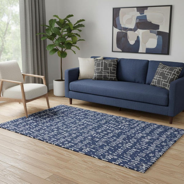 HomeRoots 5' X 8' Navy Blue & Ivory Abstract Geometric Area Rug - Washable, UV-Protected, Stylish & Durable! 701806