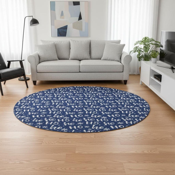 HomeRoots 8' Navy Blue & Ivory Abstract Geometric Round Rug - Washable, UV-Protected, Ideal for High-Traffic Areas 701807