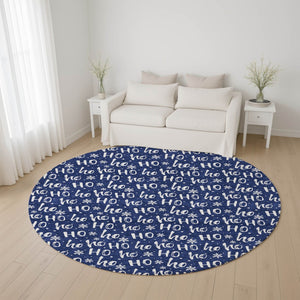 HomeRoots 8' Navy Blue & Ivory Abstract Geometric Round Rug - Washable, UV-Protected, Ideal for High-Traffic Areas 701807