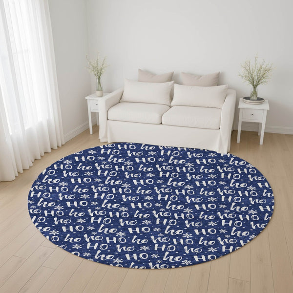 HomeRoots 8' Navy Blue & Ivory Abstract Geometric Round Rug - Washable, UV-Protected, Ideal for High-Traffic Areas 701807