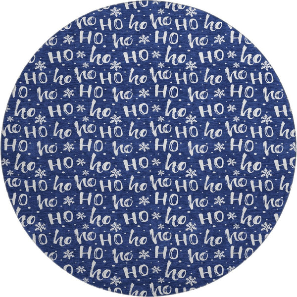 HomeRoots 8' Navy Blue & Ivory Abstract Geometric Round Rug - Washable, UV-Protected, Ideal for High-Traffic Areas 701807