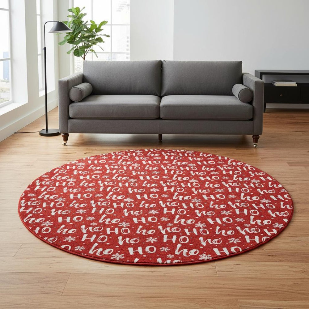 HomeRoots 8' Red and Ivory Abstract Geometric Round Rug - Washable, UV-Protected, Perfect for Busy Homes! 701813