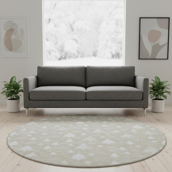 HomeRoots 8' Beige and Ivory Abstract Geometric Round Rug – Washable, Stain-Resistant, UV Protected, Durable Design 701819