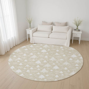 HomeRoots 8' Beige and Ivory Abstract Geometric Round Rug – Washable, Stain-Resistant, UV Protected, Durable Design 701819