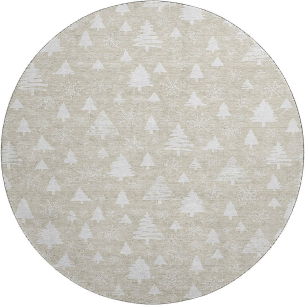 HomeRoots 8' Beige and Ivory Abstract Geometric Round Rug – Washable, Stain-Resistant, UV Protected, Durable Design 701819