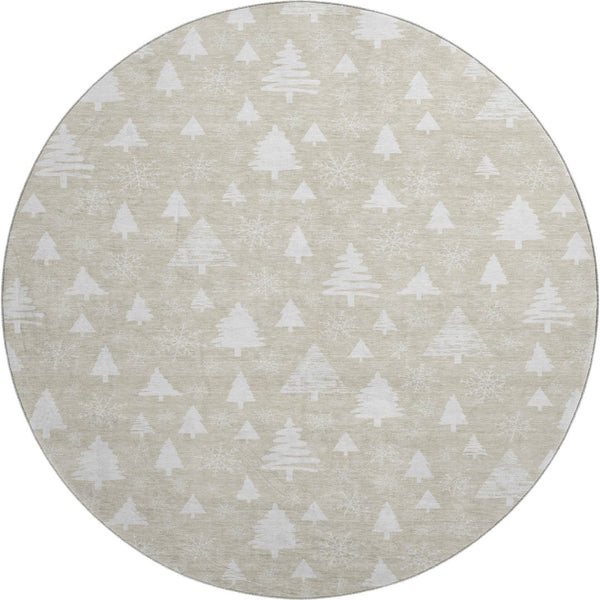 HomeRoots 8' Beige and Ivory Abstract Geometric Round Rug – Washable, Stain-Resistant, UV Protected, Durable Design 701819