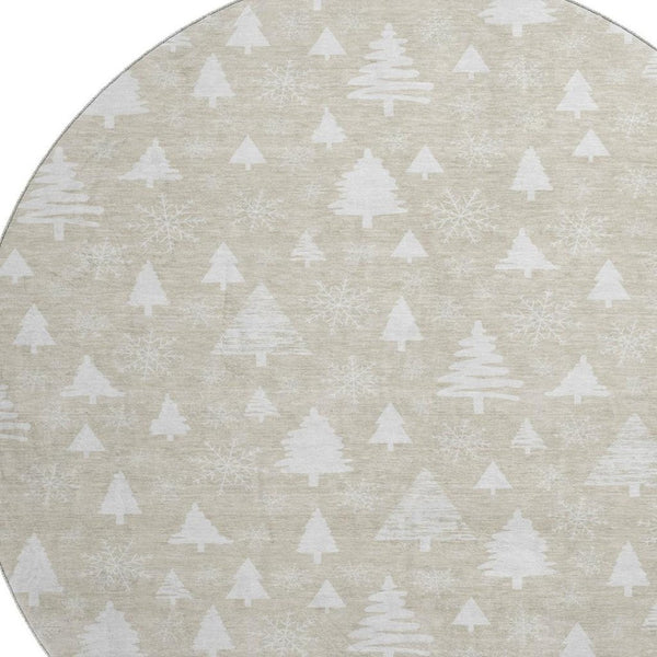 HomeRoots 8' Beige and Ivory Abstract Geometric Round Rug – Washable, Stain-Resistant, UV Protected, Durable Design 701819
