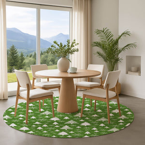 HomeRoots 8' Emerald and Ivory Round Rug - Abstract Geometric Design, Washable, UV Protected for High Traffic Areas 701825