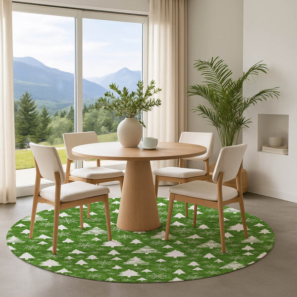 HomeRoots 8' Emerald and Ivory Round Rug - Abstract Geometric Design, Washable, UV Protected for High Traffic Areas 701825