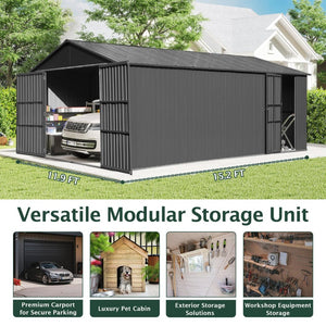 English Elm 12x15ft Outdoor Steel Carport Shed with Lockable Doors and Weather Resistant Frame W1859P382847