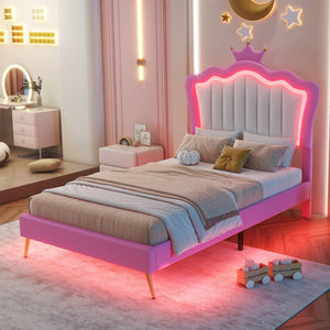English Elm Twin Size Upholstered Bed Frame With Crown Headboard & Led Lights - Modern Pink & White Princess Style W2770P190377-GIGA