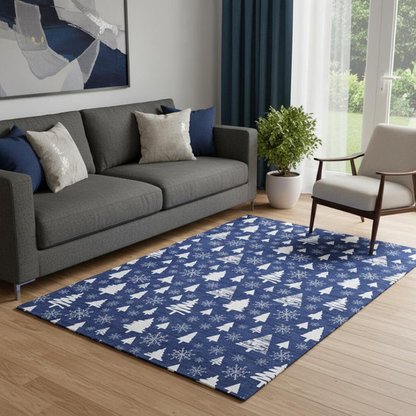HomeRoots 5' Navy Blue & Ivory Abstract Geometric Area Rug - Washable, UV-Protected, Perfect for High-Traffic Spaces 701842