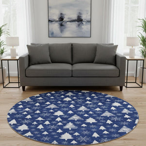 HomeRoots 8' Navy Blue and Ivory Geometric Round Rug - Washable, UV-Protected, Non-Slip for High-Traffic Areas 701843