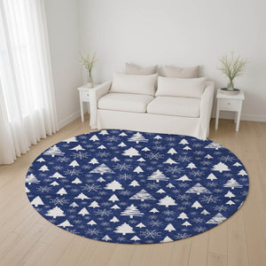 HomeRoots 8' Navy Blue and Ivory Geometric Round Rug - Washable, UV-Protected, Non-Slip for High-Traffic Areas 701843