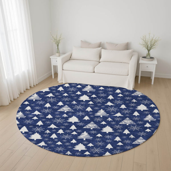 HomeRoots 8' Navy Blue and Ivory Geometric Round Rug - Washable, UV-Protected, Non-Slip for High-Traffic Areas 701843