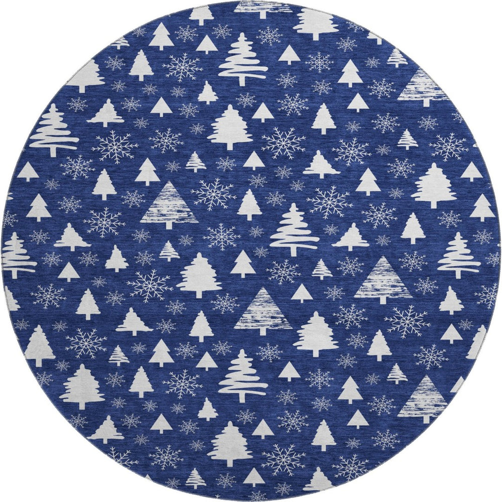 HomeRoots 8' Navy Blue and Ivory Geometric Round Rug - Washable, UV-Protected, Non-Slip for High-Traffic Areas 701843