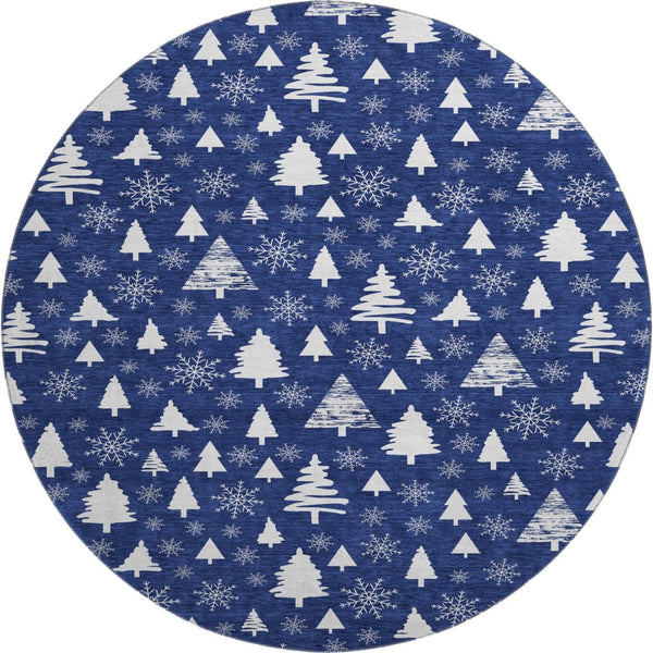 HomeRoots 8' Navy Blue and Ivory Geometric Round Rug - Washable, UV-Protected, Non-Slip for High-Traffic Areas 701843