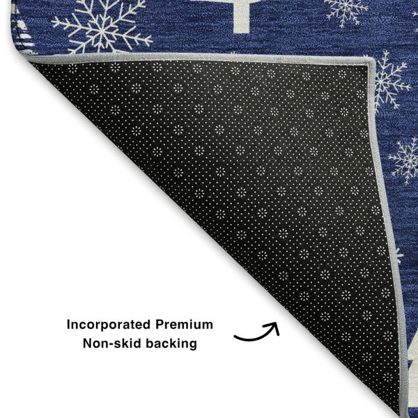 HomeRoots 8' Navy Blue and Ivory Geometric Round Rug - Washable, UV-Protected, Non-Slip for High-Traffic Areas 701843