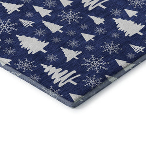 HomeRoots 8' Navy Blue and Ivory Geometric Round Rug - Washable, UV-Protected, Non-Slip for High-Traffic Areas 701843