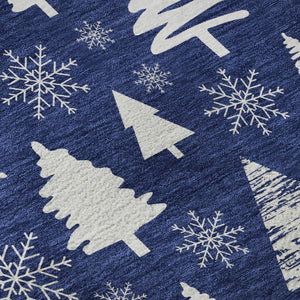 HomeRoots 8' Navy Blue and Ivory Geometric Round Rug - Washable, UV-Protected, Non-Slip for High-Traffic Areas 701843