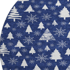 HomeRoots 8' Navy Blue and Ivory Geometric Round Rug - Washable, UV-Protected, Non-Slip for High-Traffic Areas 701843