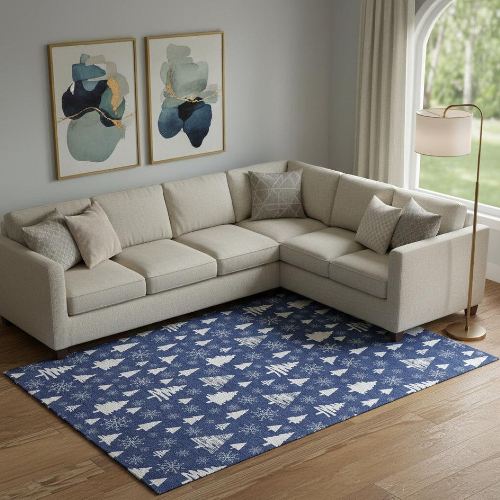HomeRoots 10' X 14' Navy Blue Abstract Geometric Area Rug - Washable, UV-Protected, Stylish for Indoor/Outdoor Use 701846