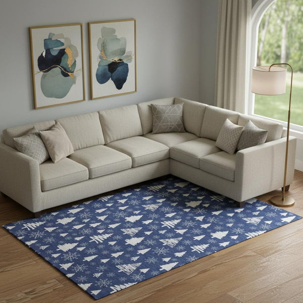 HomeRoots 10' X 14' Navy Blue Abstract Geometric Area Rug - Washable, UV-Protected, Stylish for Indoor/Outdoor Use 701846