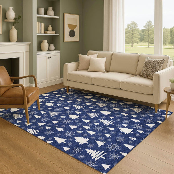HomeRoots 10' X 14' Navy Blue Abstract Geometric Area Rug - Washable, UV-Protected, Stylish for Indoor/Outdoor Use 701846