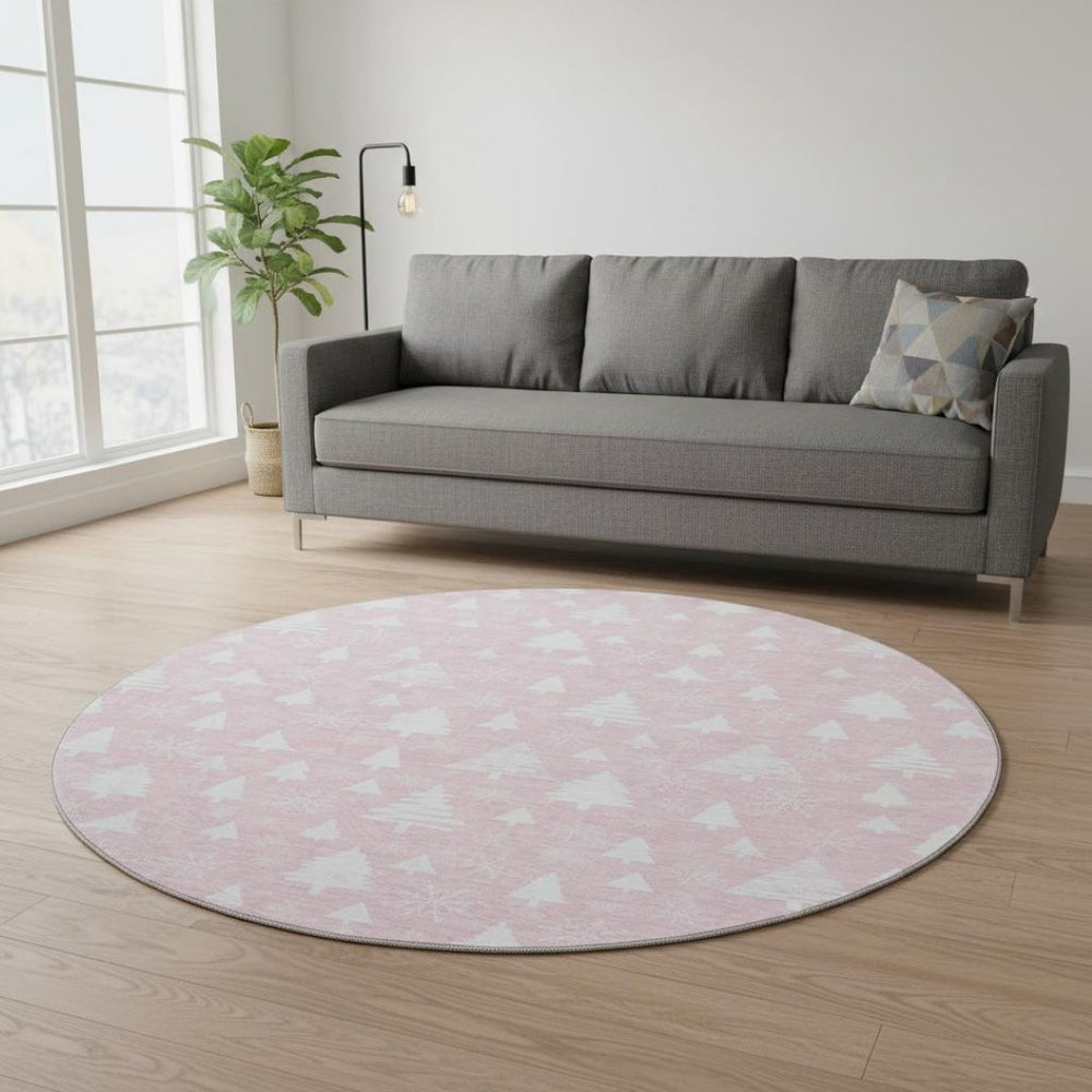 HomeRoots 8' Pink and Ivory Washable Round Rug with Abstract Geometric Design, UV Protection & Non-Slip Backing 701849