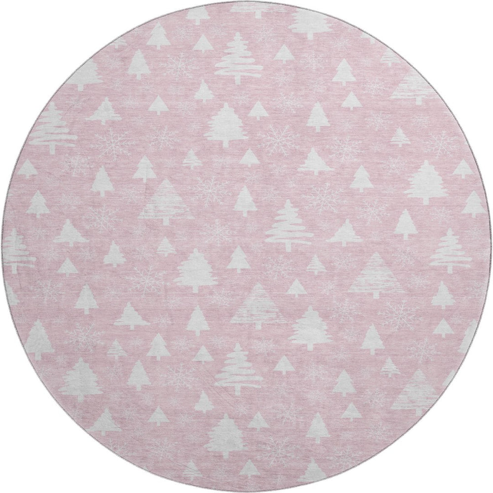 HomeRoots 8' Pink and Ivory Washable Round Rug with Abstract Geometric Design, UV Protection & Non-Slip Backing 701849