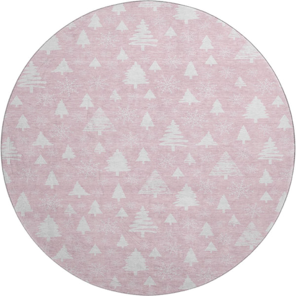HomeRoots 8' Pink and Ivory Washable Round Rug with Abstract Geometric Design, UV Protection & Non-Slip Backing 701849
