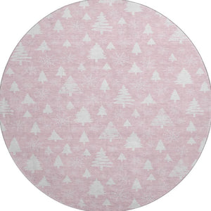 HomeRoots 8' Pink and Ivory Washable Round Rug with Abstract Geometric Design, UV Protection & Non-Slip Backing 701849