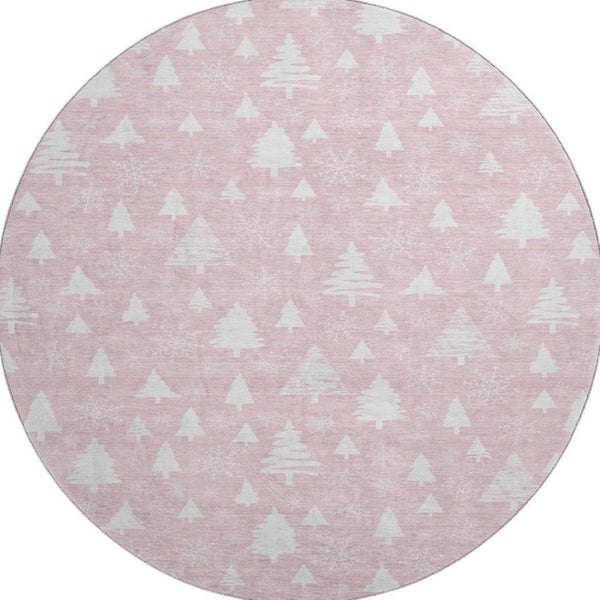 HomeRoots 8' Pink and Ivory Washable Round Rug with Abstract Geometric Design, UV Protection & Non-Slip Backing 701849
