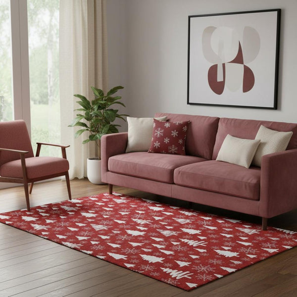 HomeRoots 5' X 8' Red And Ivory Abstract Geometric Washable Area Rug - Stylish, Stain-Resistant & UV-Protected! 701854