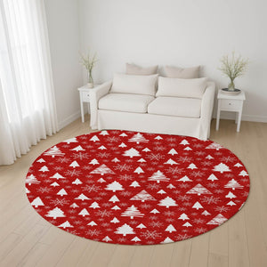 HomeRoots 8' Red And Ivory Abstract Geometric Washable Round Rug - Durable, Stylish, Stain-Resistant Design! 701855