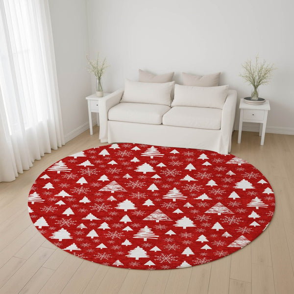 HomeRoots 8' Red And Ivory Abstract Geometric Washable Round Rug - Durable, Stylish, Stain-Resistant Design! 701855