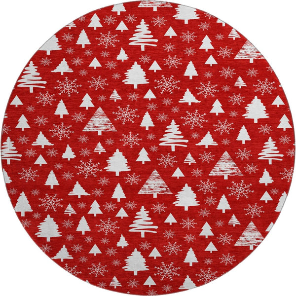 HomeRoots 8' Red And Ivory Abstract Geometric Washable Round Rug - Durable, Stylish, Stain-Resistant Design! 701855