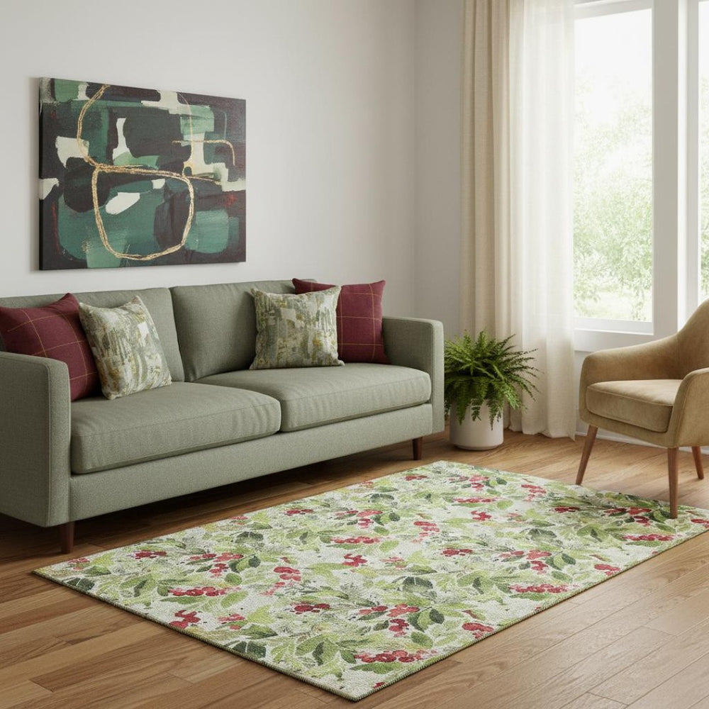 HomeRoots 5' X 8' Abstract Geometric Area Rug in Artichoke Green, Red & Ivory – Washable, UV-Protected, Stylish! 701860