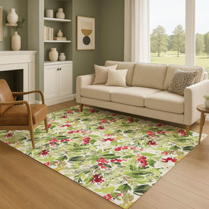 HomeRoots 5' X 8' Abstract Geometric Area Rug in Artichoke Green, Red & Ivory – Washable, UV-Protected, Stylish! 701860