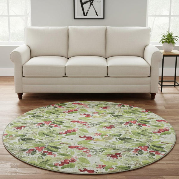 HomeRoots 8' Artichoke Green Red & Ivory Abstract Geometric Washable Round Rug - Durable, UV Protected & Stylish 701861